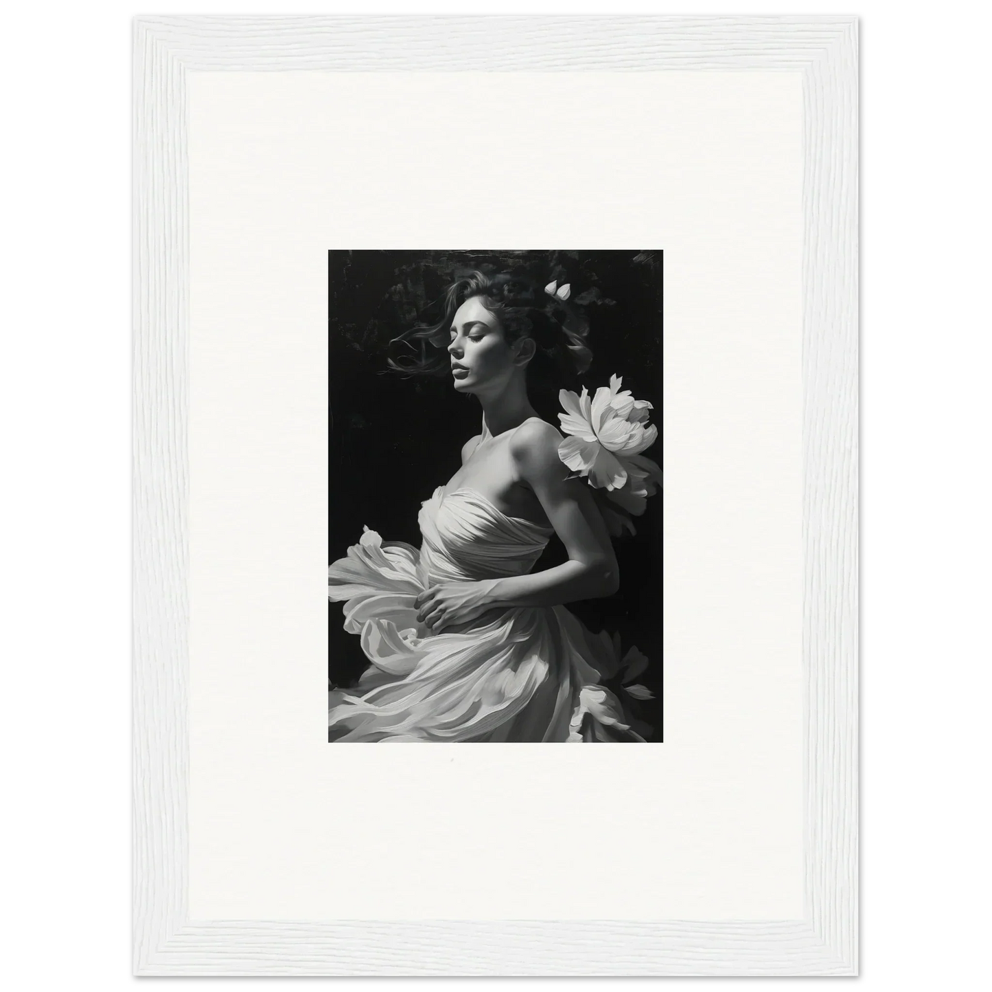 Black and white canvas print of a woman in a flowing dress with a flower, perfect for veil whispers room decoration