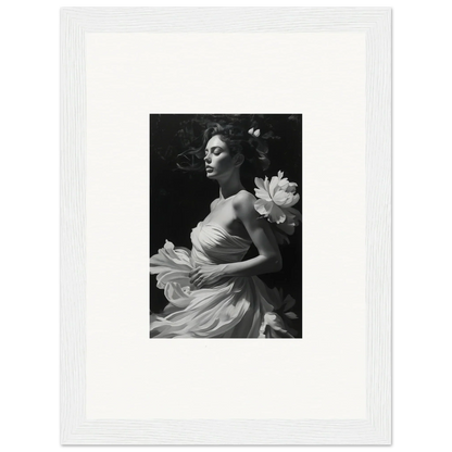 Black and white canvas print of a woman in a flowing dress with a flower, perfect for veil whispers room decoration