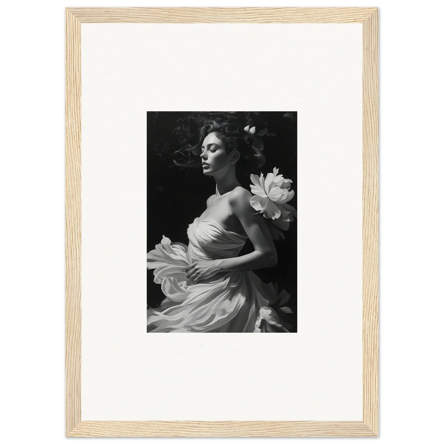 Black and white photo of a woman in a flowing dress with a lotus flower for veil whispers canvas print