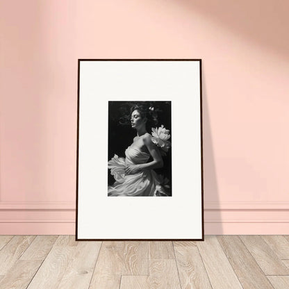 Framed black and white photo of a woman in a dress, perfect for room decoration with Petal Veil Whispers canvas print