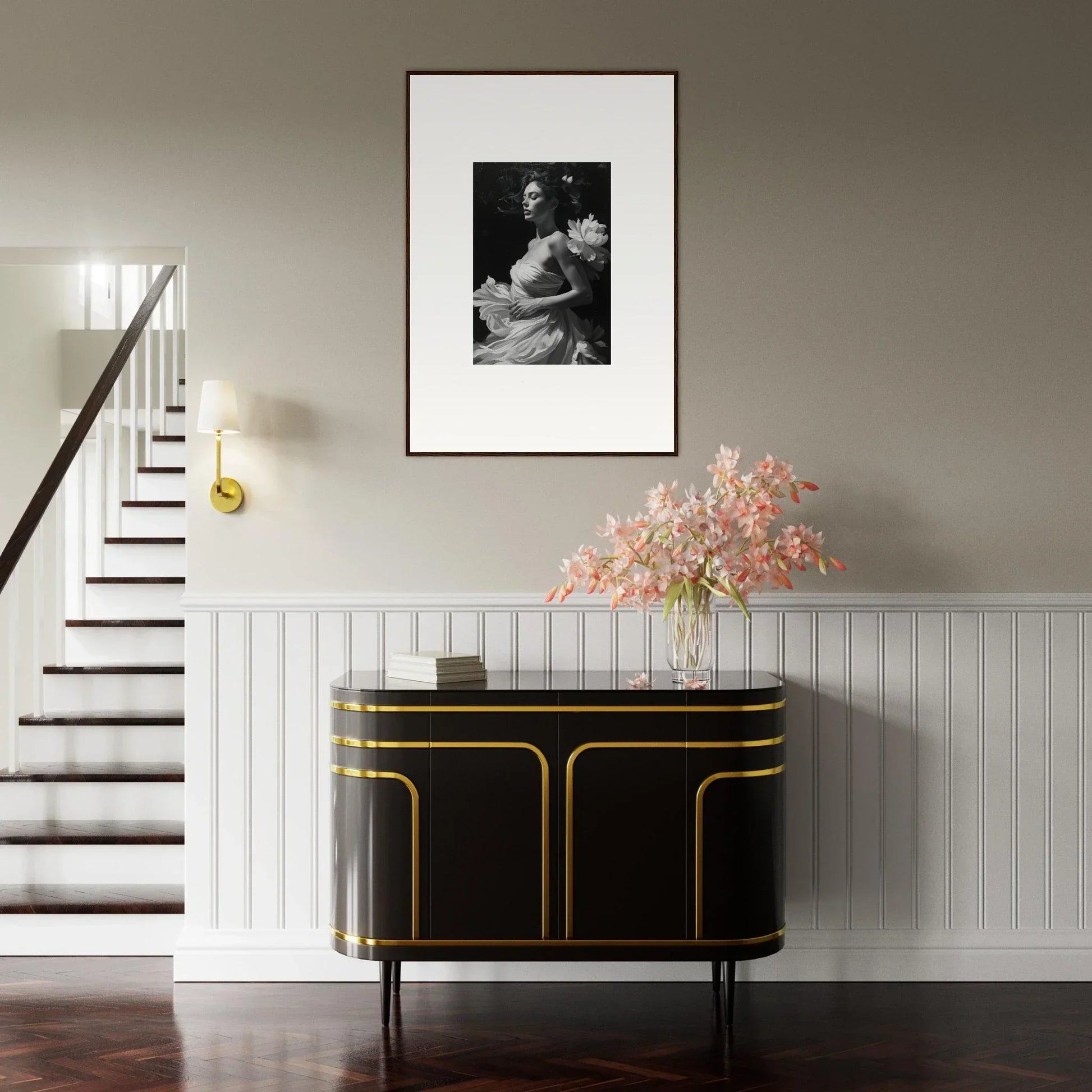 Elegant black sideboard with gold trim for stylish room decoration, complementing Veil Whispers