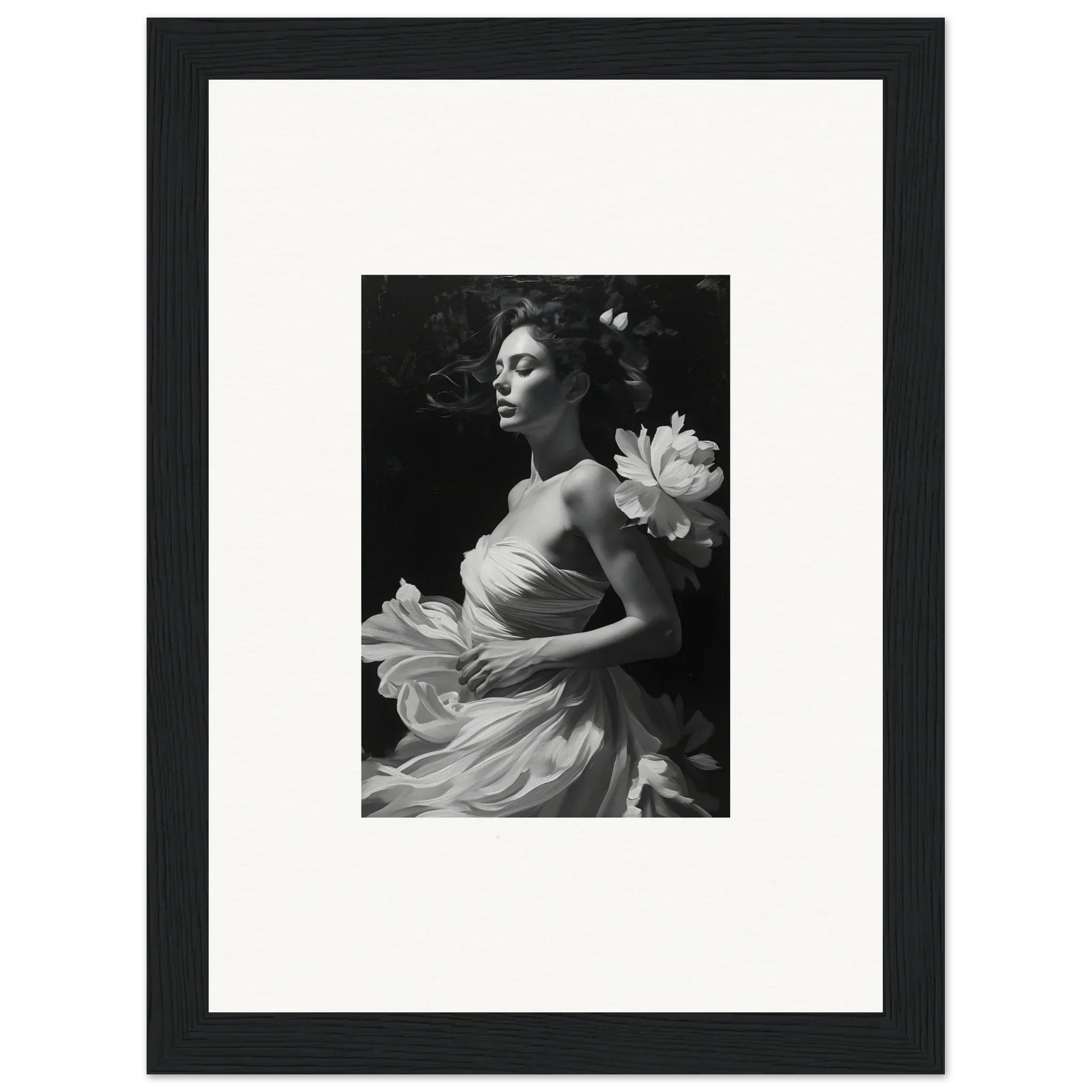 Black and white photo of a woman in a flowing dress for elegant veil whispers canvas print