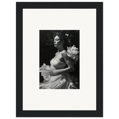 Black and white photo of a woman in a flowing dress for elegant veil whispers canvas print