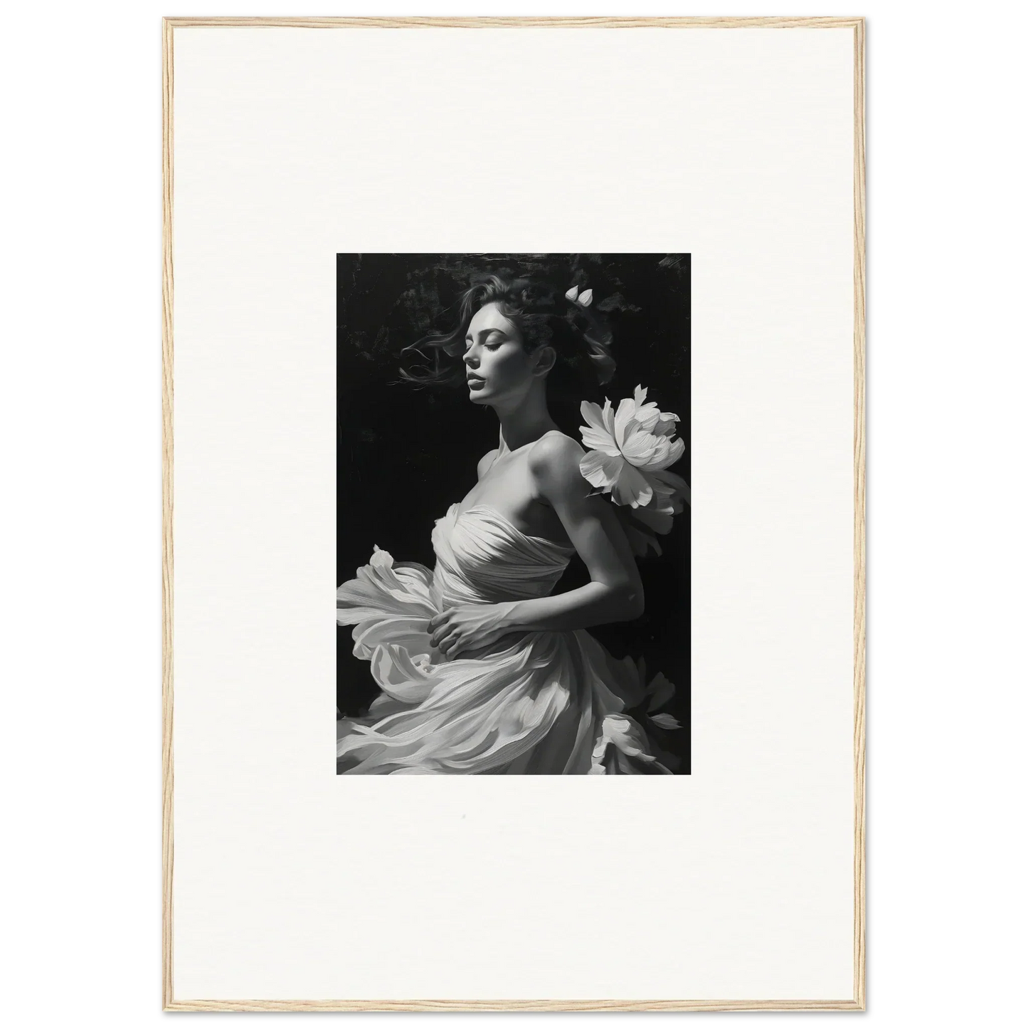 Black and white photo of a woman in a dress with lotus flower for canvas print decor