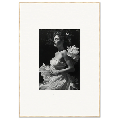 Black and white photo of a woman in a dress with lotus flower for canvas print decor