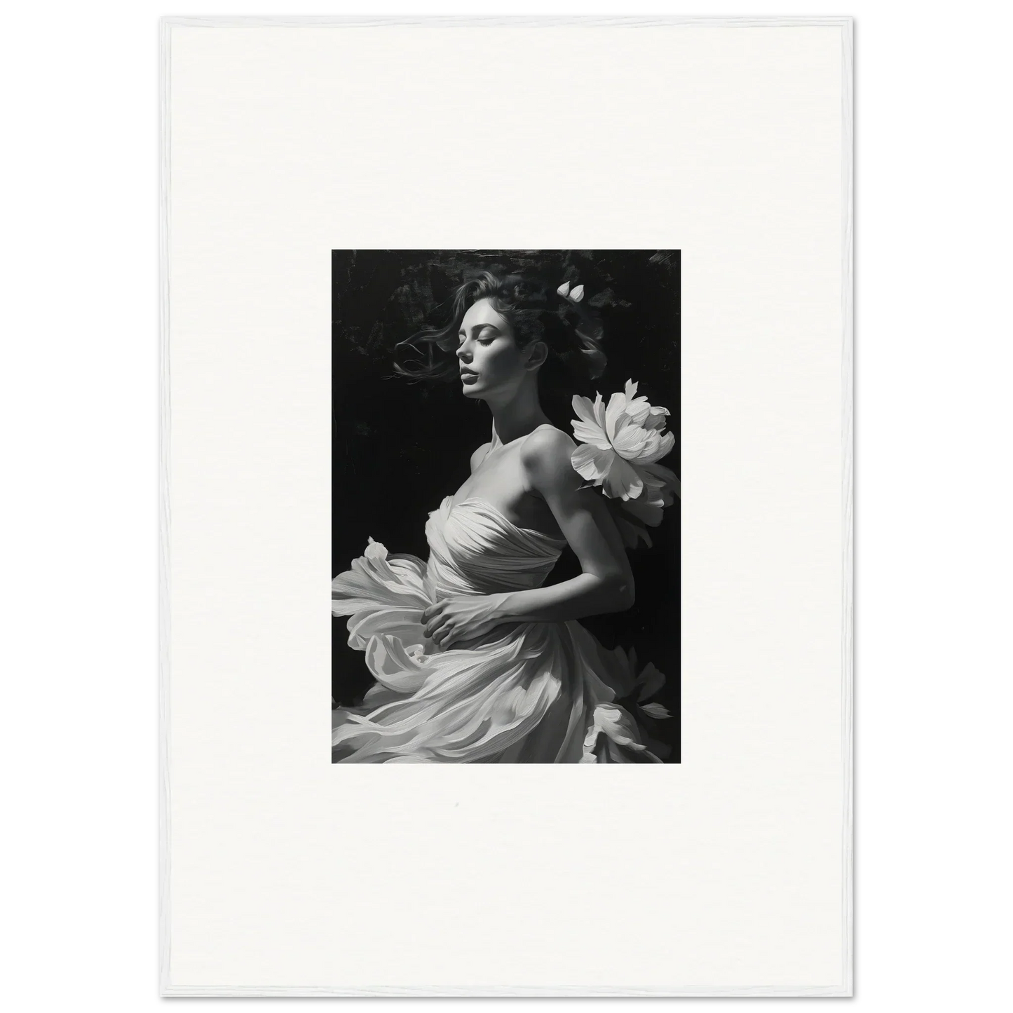 Black and white photo of a woman in an elegant dress with a lotus flower for Veil Whispers decor