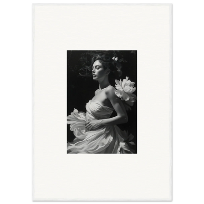 Black and white photo of a woman in an elegant dress with a lotus flower for Veil Whispers decor