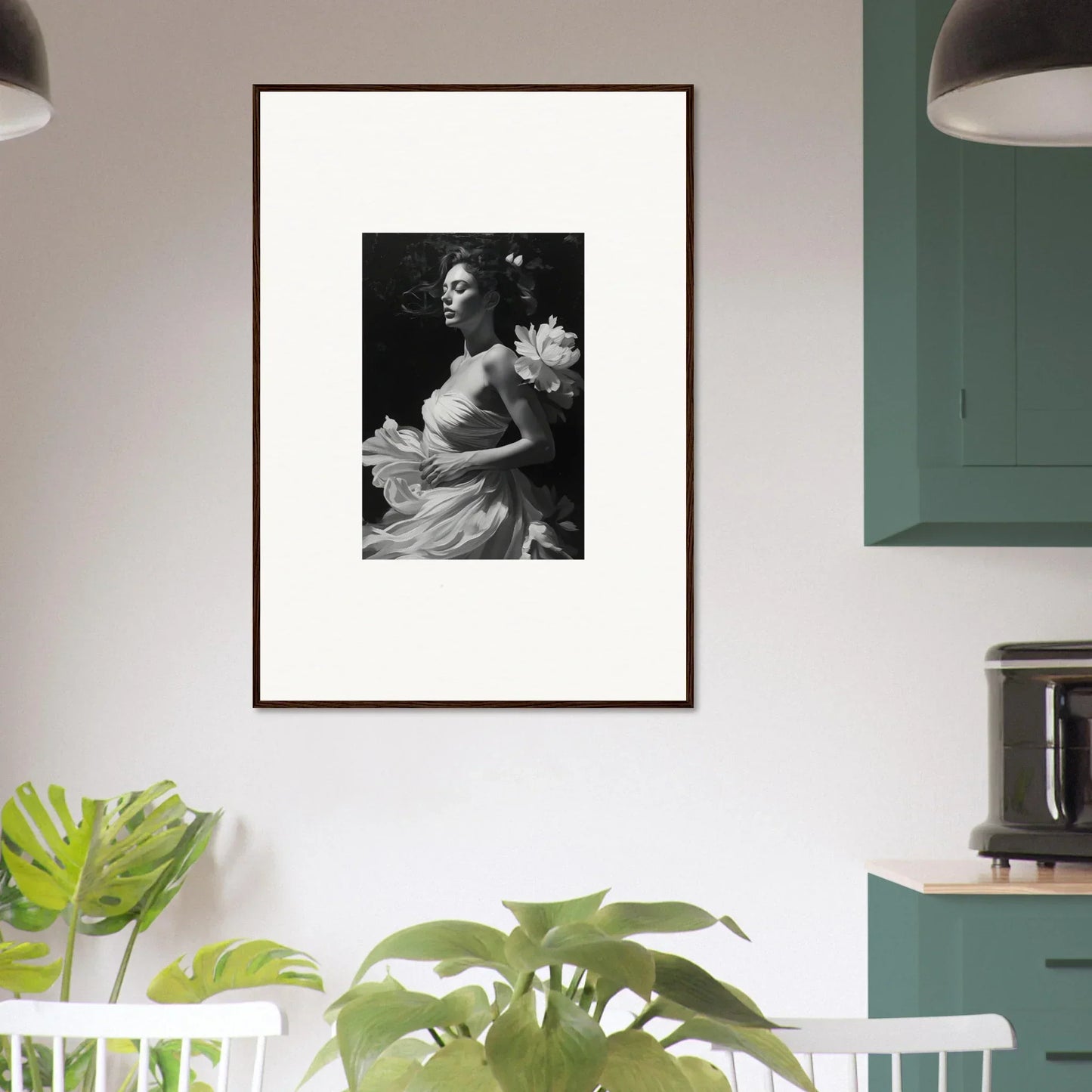 Elegant black and white photo of a woman in a dress for stylish room decoration