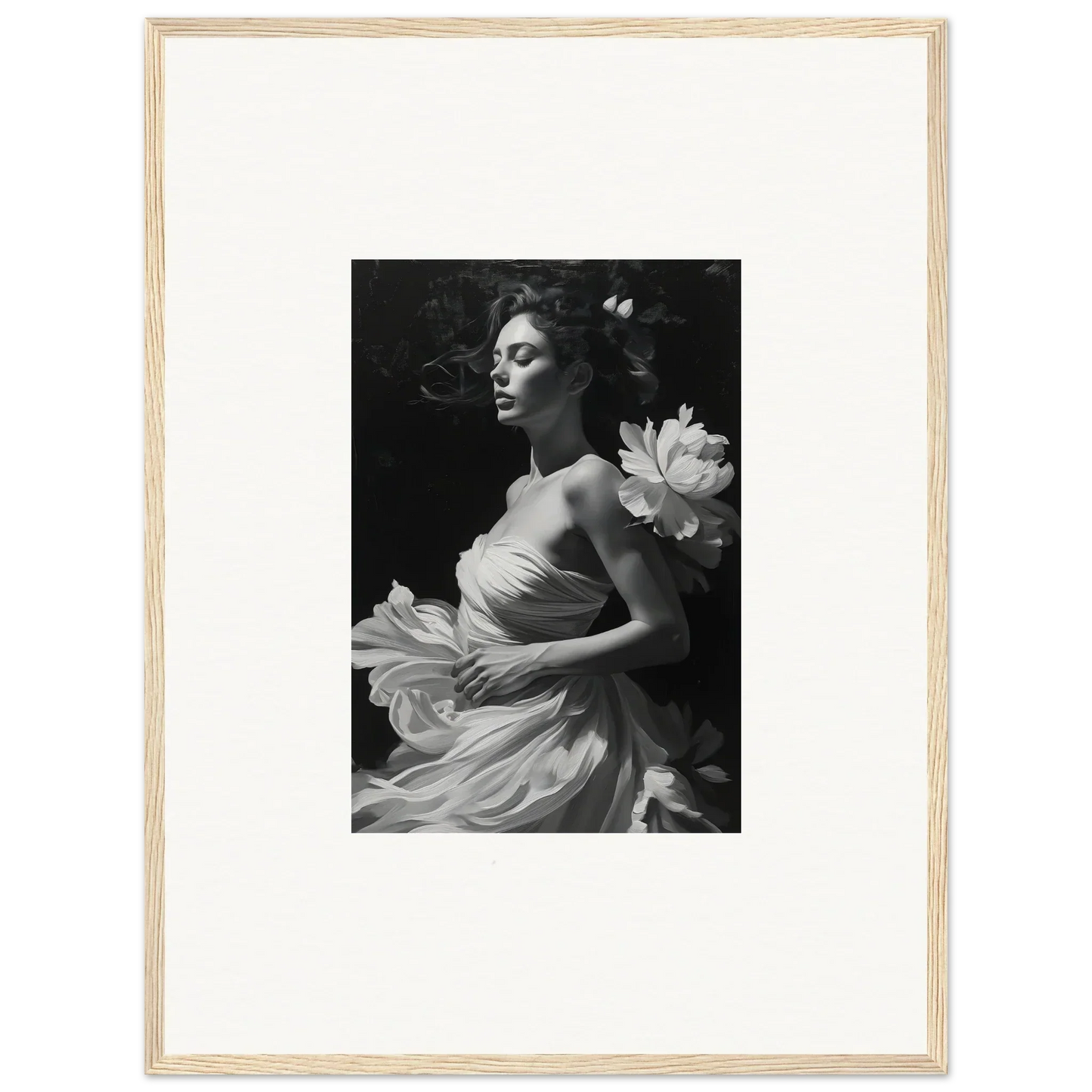 Black and white image of a woman with a lotus for Veil Whispers canvas print decor