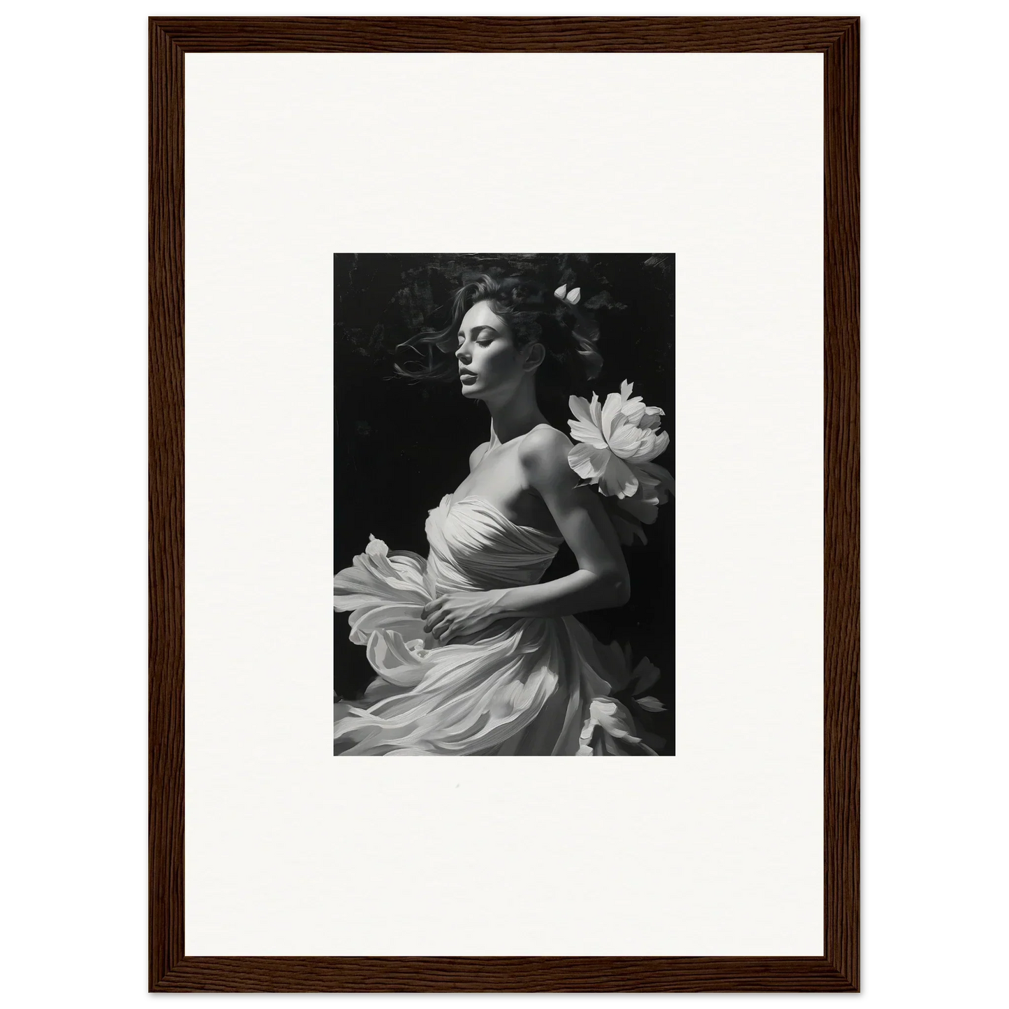 Black and white photo of a woman in a flowing dress for veil whispers canvas print