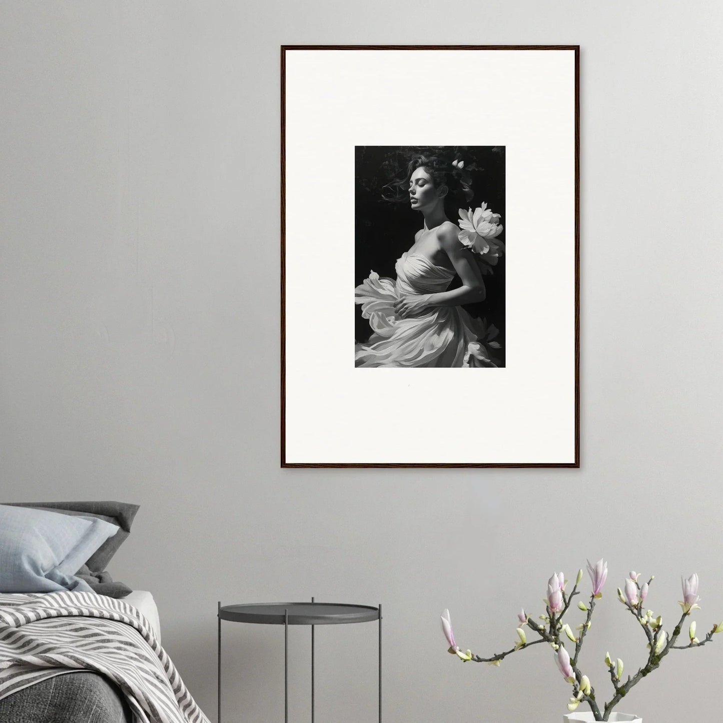 Framed black and white canvas print of a woman with flowers, perfect for room decoration