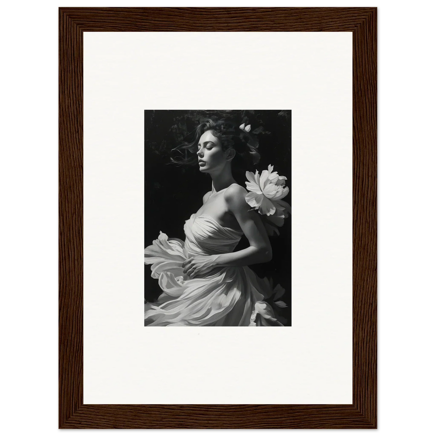 Framed black and white photo of a woman in an elegant dress for room decoration