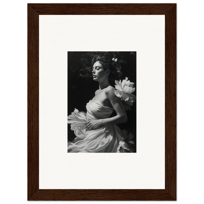 Framed black and white photo of a woman in an elegant dress for room decoration