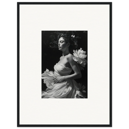 Black and white canvas print of a woman in a flowing dress with a lotus flower for room decoration