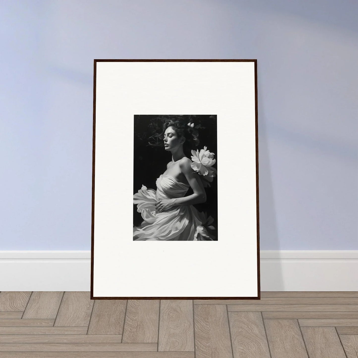 Framed black and white photo of a woman in an elegant dress for chic room decoration