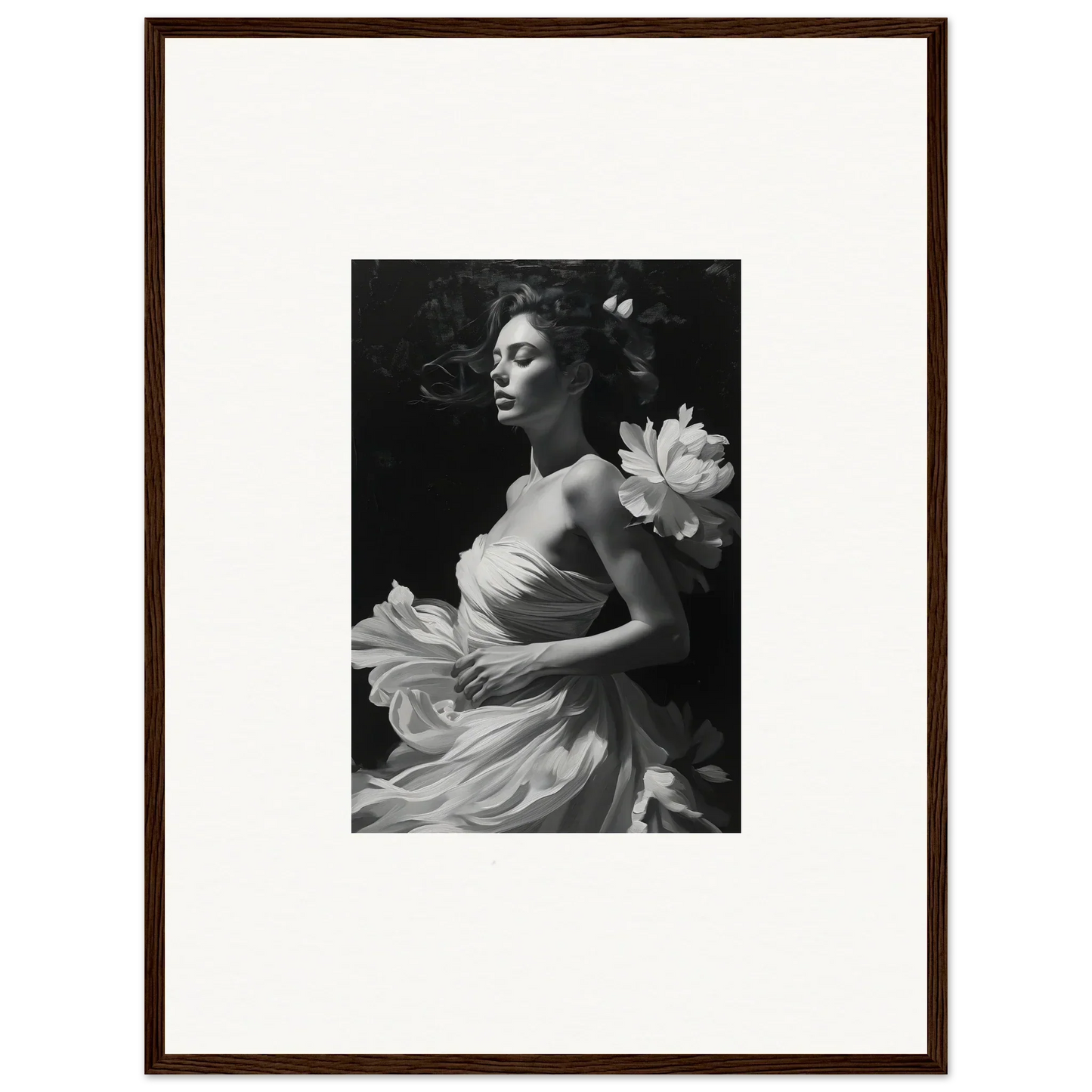 Black and white photo of a woman with a lotus flower for elegant room decoration