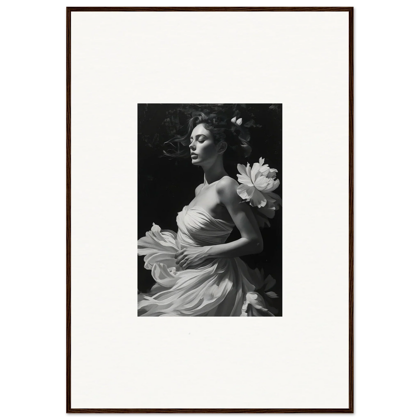 Elegant woman with lotus flower in a black and white photo for Petal Veil Whispers