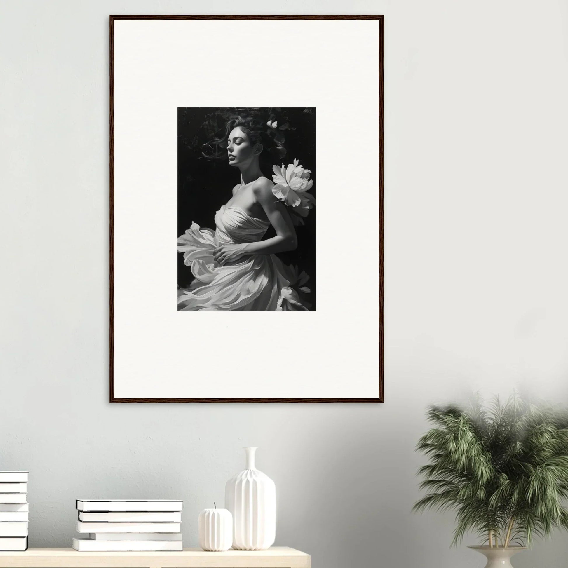 Framed black and white canvas print of a woman in an elegant dress for room decoration