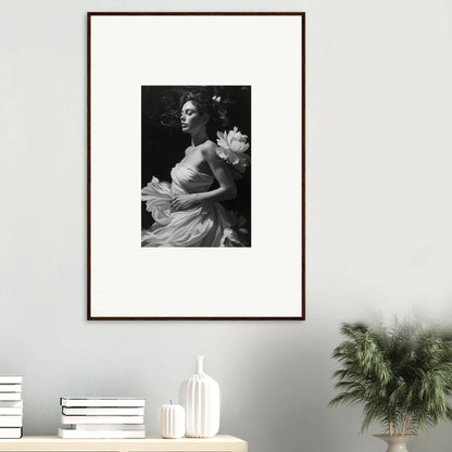 Framed black and white canvas print of a woman in an elegant dress for room decoration