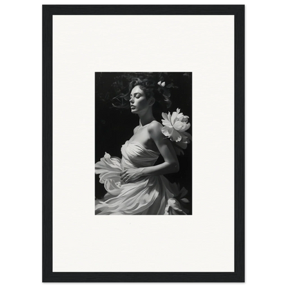 Elegant woman in flowing dress with lotus, perfect for a Veil Whispers canvas print