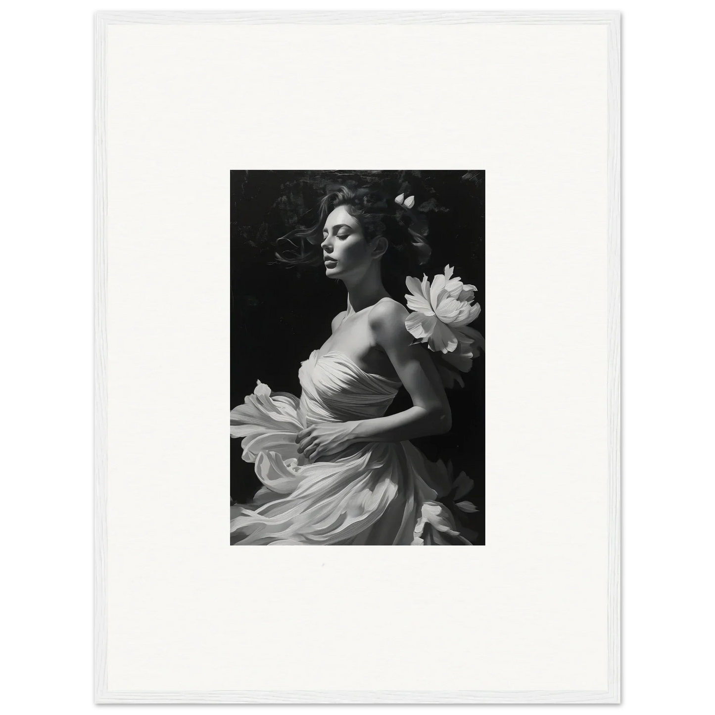 Black and white photo of a woman in a flowing dress with a lotus for Veil Whispers decor