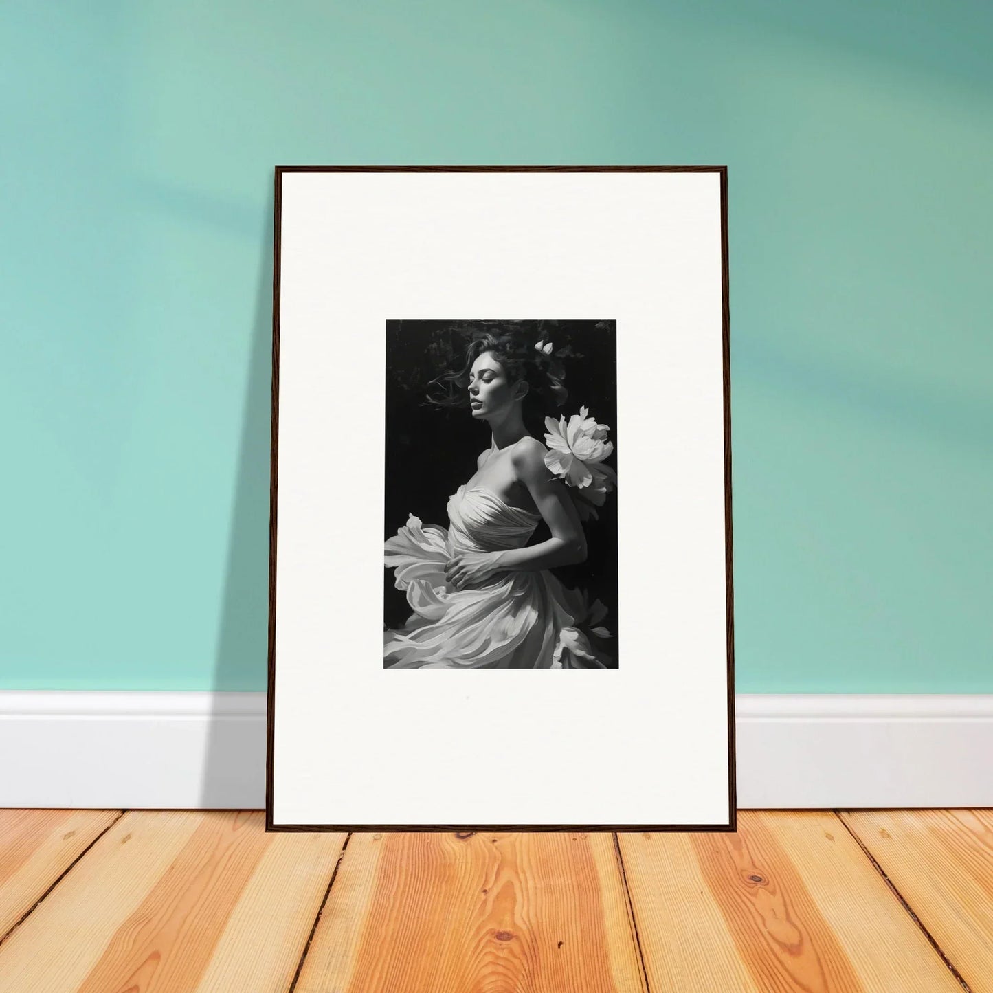 Framed black and white photo of a woman in an elegant dress for chic room decoration