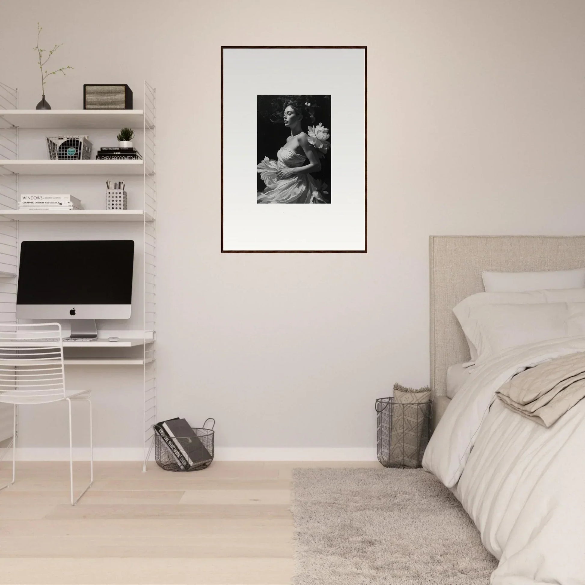 Minimalist bedroom featuring a stunning black and white canvas print for room decoration