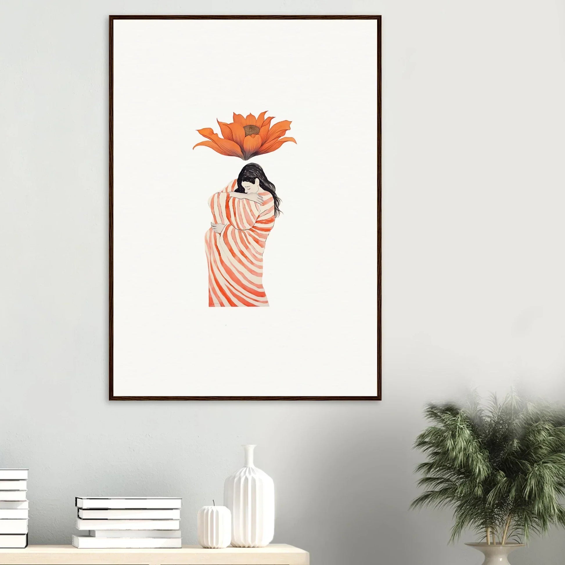 Illustration of a figure in striped fabric with an orange flower for Petal Whisper special edition art™