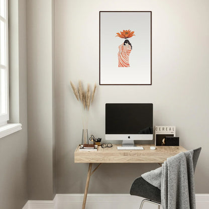 Minimalist Petal Whisper home office with a wooden desk and premium framed wall art