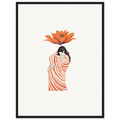 Woman in a striped dress with a big orange flower, perfect for room decoration wall art