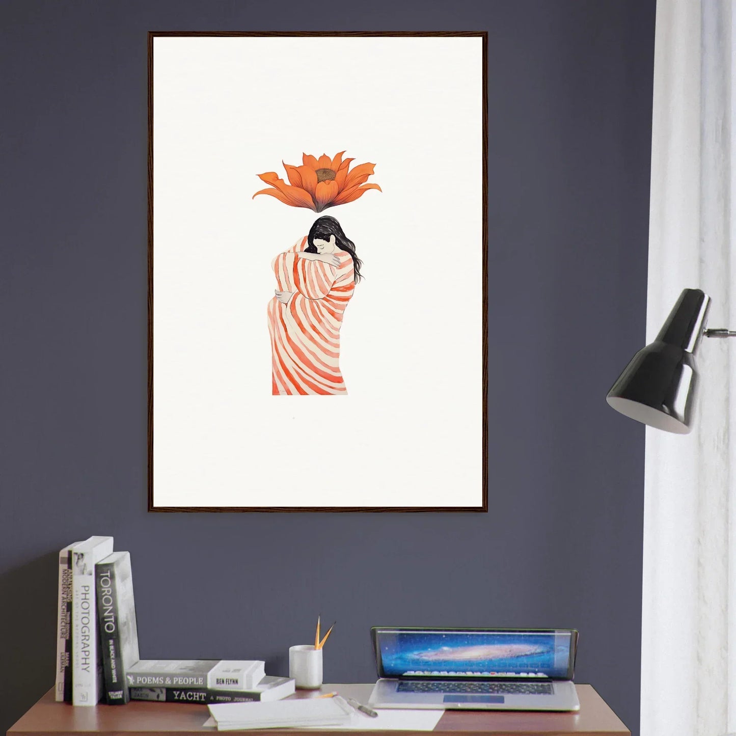 Framed Petal Whisper artwork with a striped figure and orange flower for premium decor