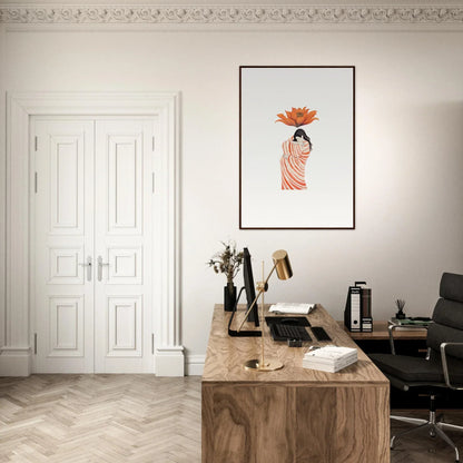 Elegant home office with Petal Whisper art, wooden desk, and vintage typewriter