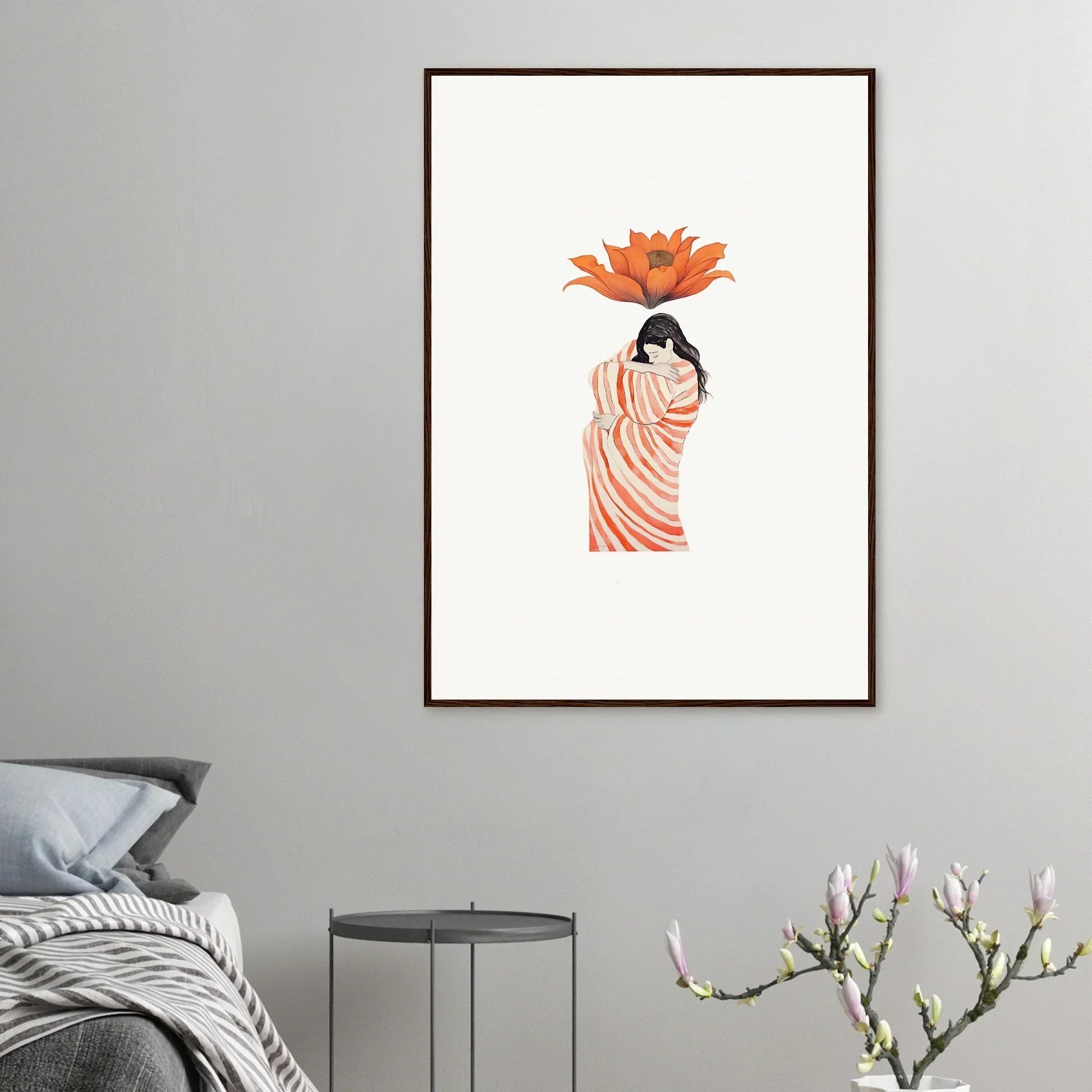 Minimalist illustration of a figure in a striped dress with an orange flower for Petal Whisper