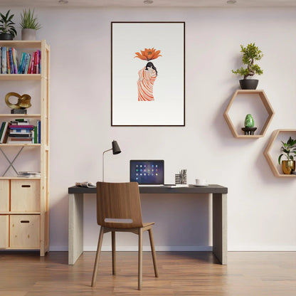 Home office with Petal Whisper art, stylish desk, chair, and unique wall decor