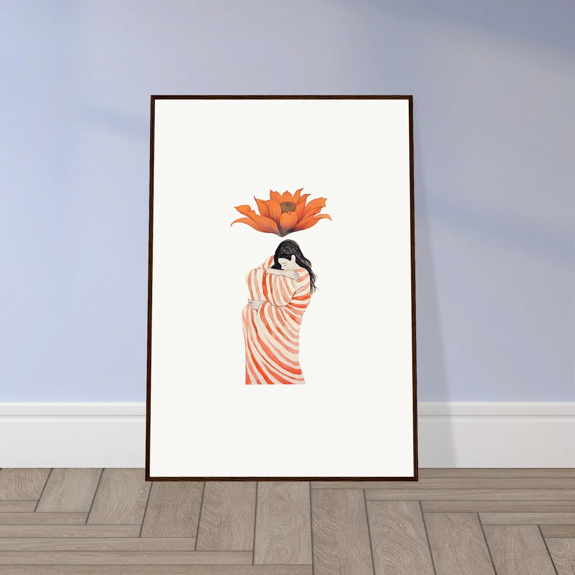 Framed wall art of a figure in a striped dress with a flower, perfect for room decoration