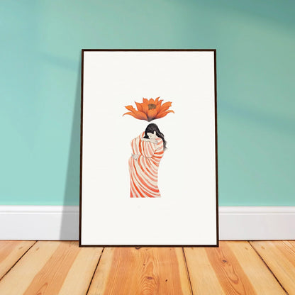 Framed canvas print of a figure with a large orange flower for trendy room decoration