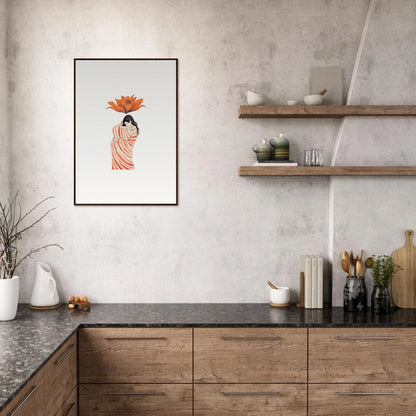 Framed artwork of a figure in orange holding a flower for Petal Whisper special edition