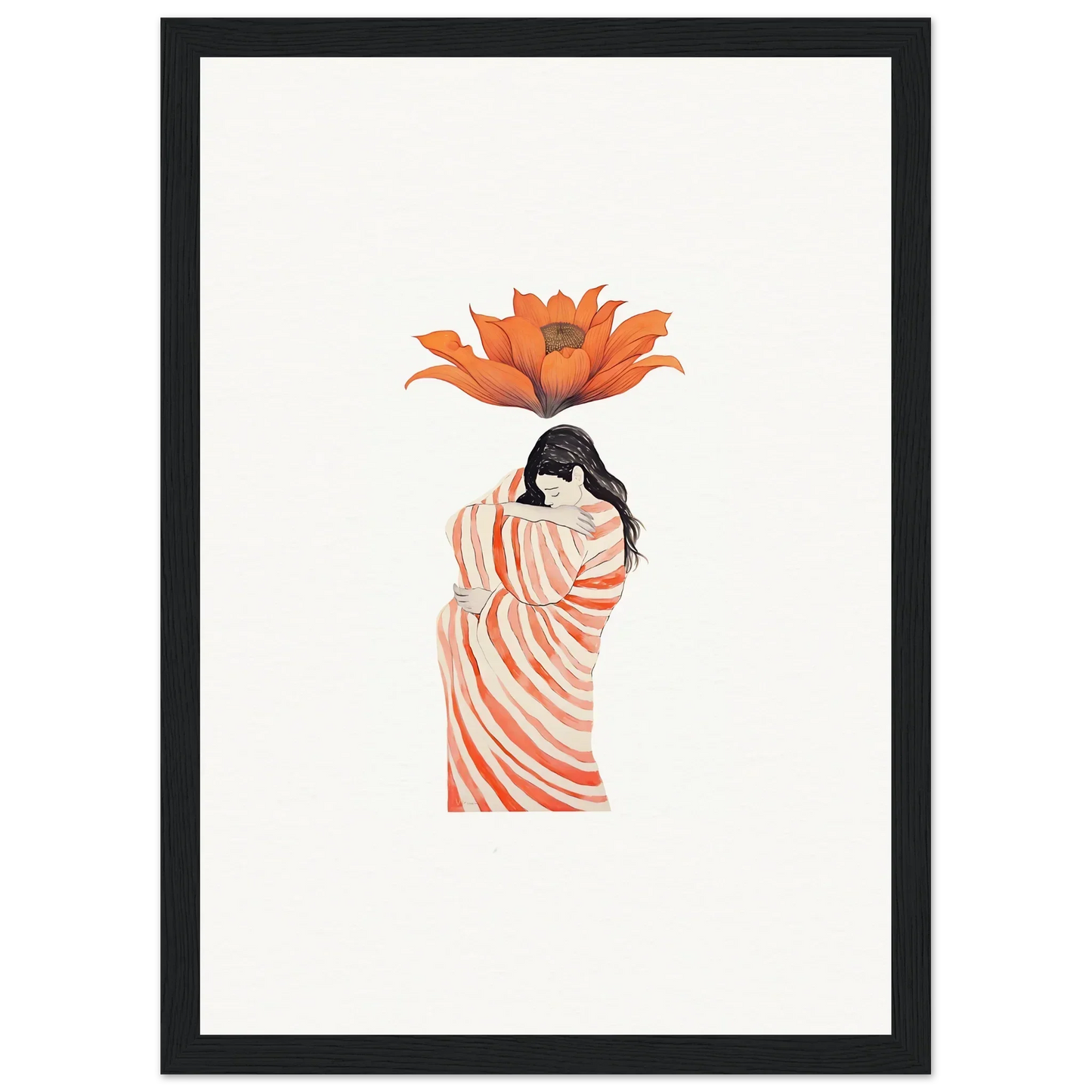 Illustration of a woman in a striped robe with an orange flower for room decoration wall art