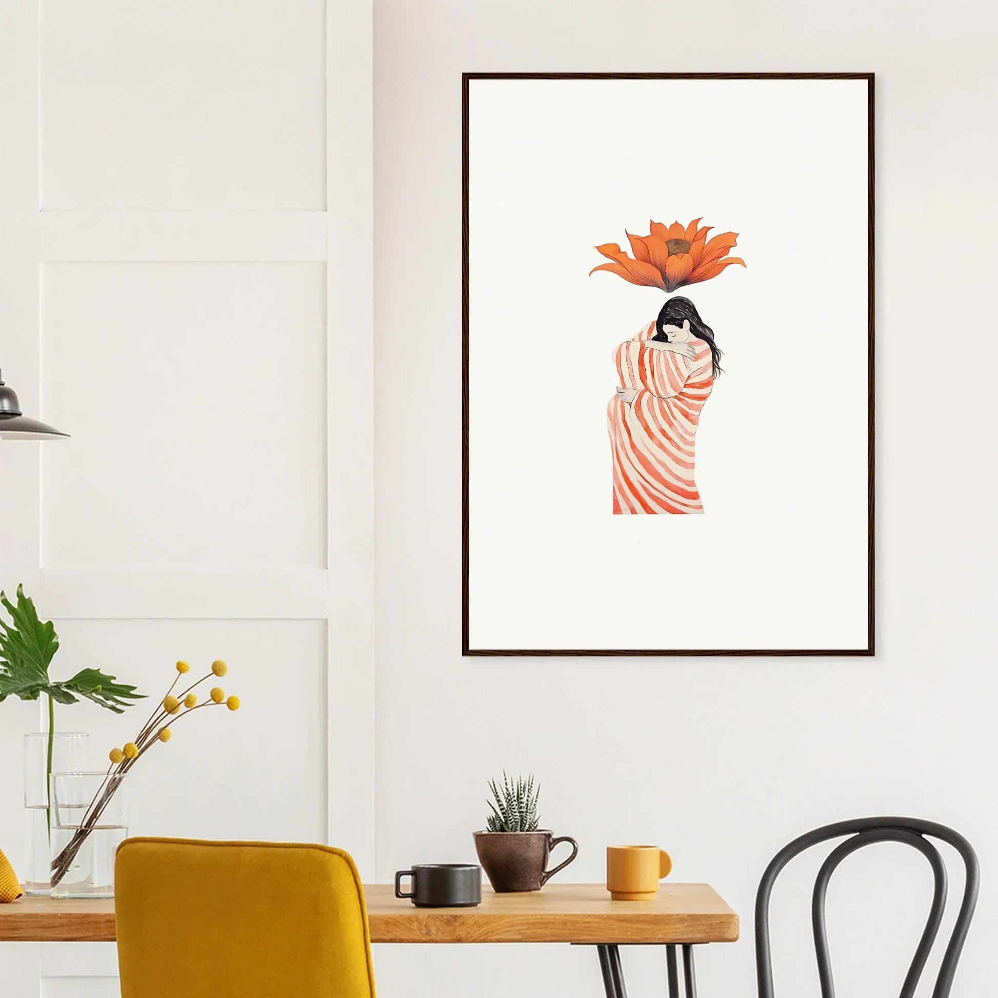 Framed Petal Whisper special edition art of a figure in stripes with an orange flower