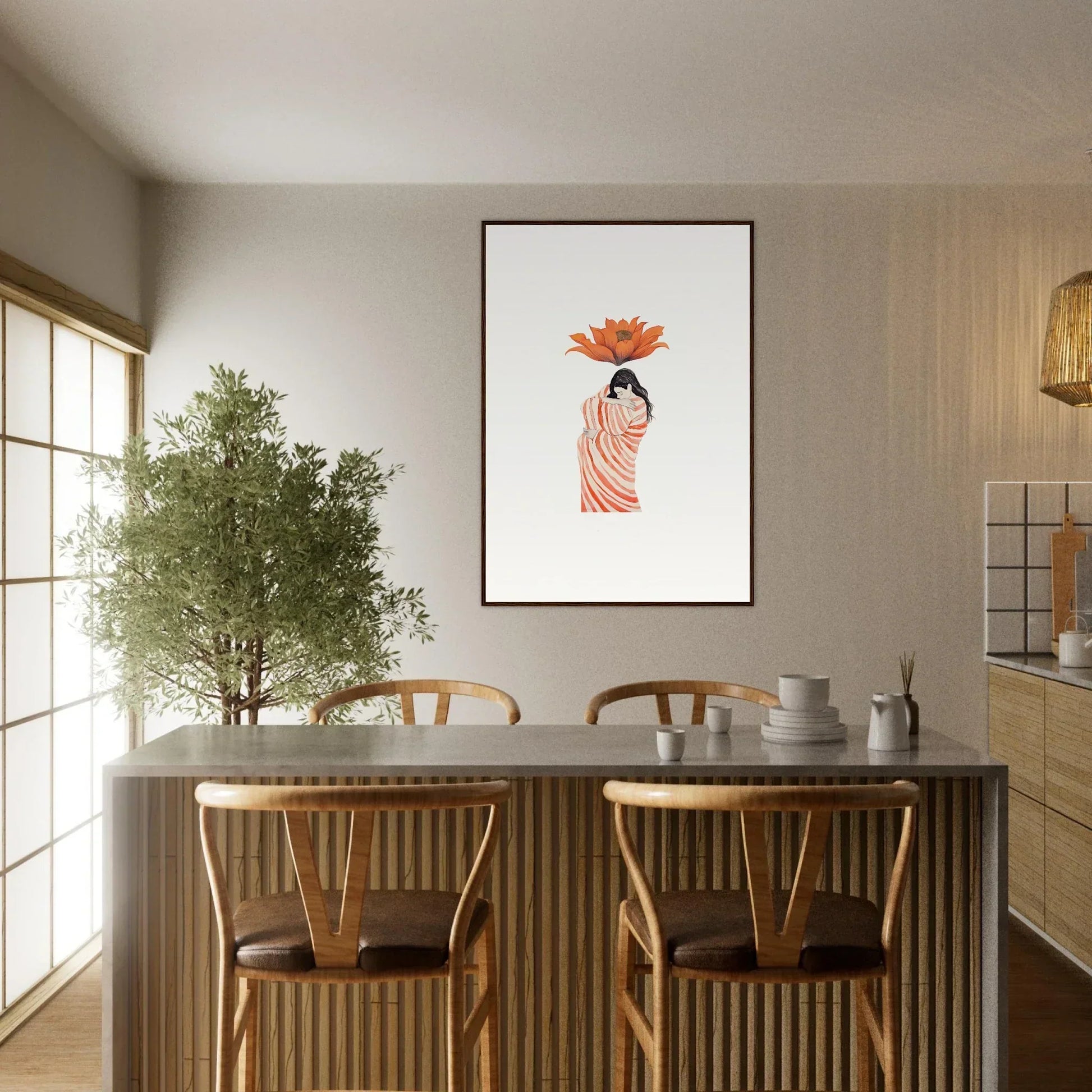 Cozy dining area with Petal Whisper special edition art and stylish table and chairs