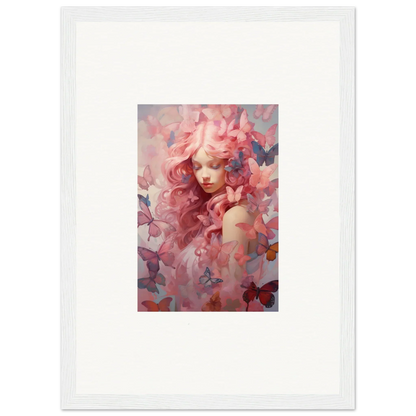 Framed wall art of a figure with pink flowers and butterflies, ideal for room decor