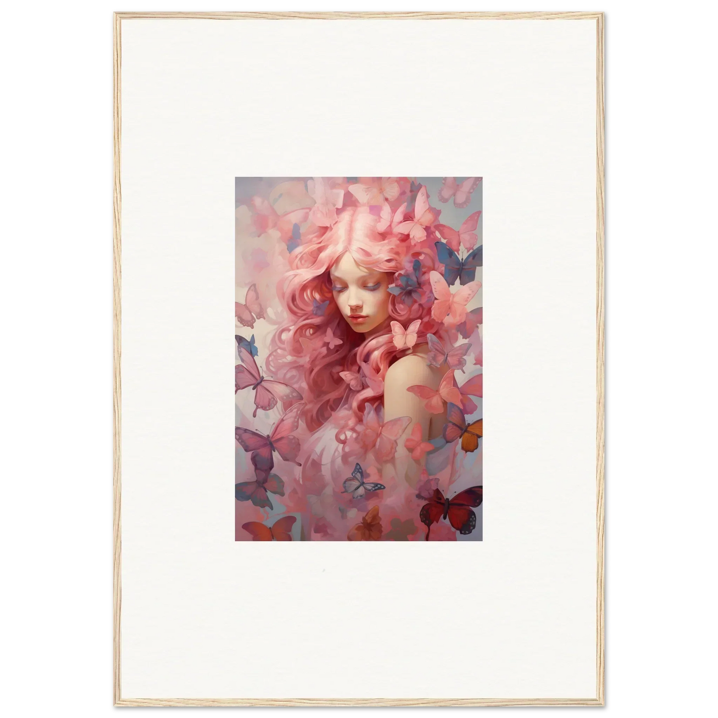 Framed wall art of dreamy portrait with pink tones and butterfly motifs, Winds Arise