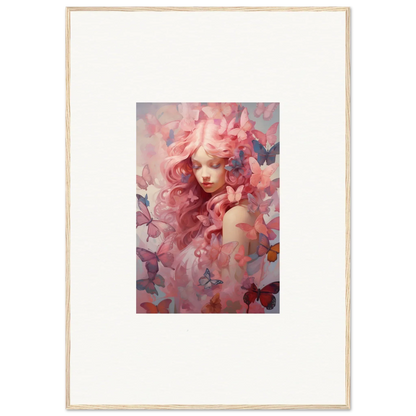 Framed wall art of dreamy portrait with pink tones and butterfly motifs, Winds Arise