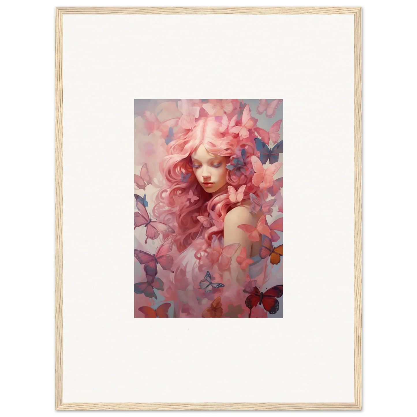 Framed wall art of a pink-haired figure and butterflies for dreamy room decor, Winds Arise