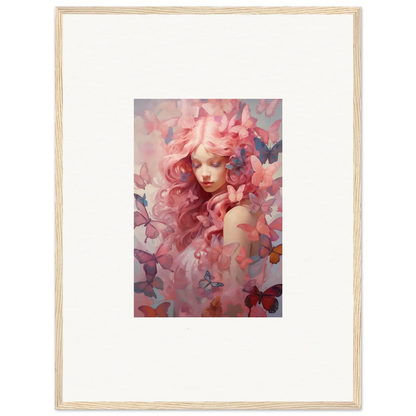 Framed wall art of a pink-haired figure and butterflies for dreamy room decor, Winds Arise