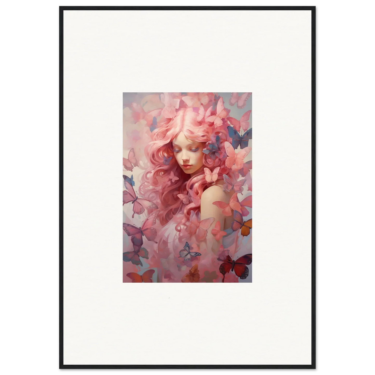 Framed wall art of dreamy portrait with pink hues and butterfly motifs for room decor