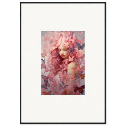 Framed wall art of dreamy portrait with pink hues and butterfly motifs for room decor