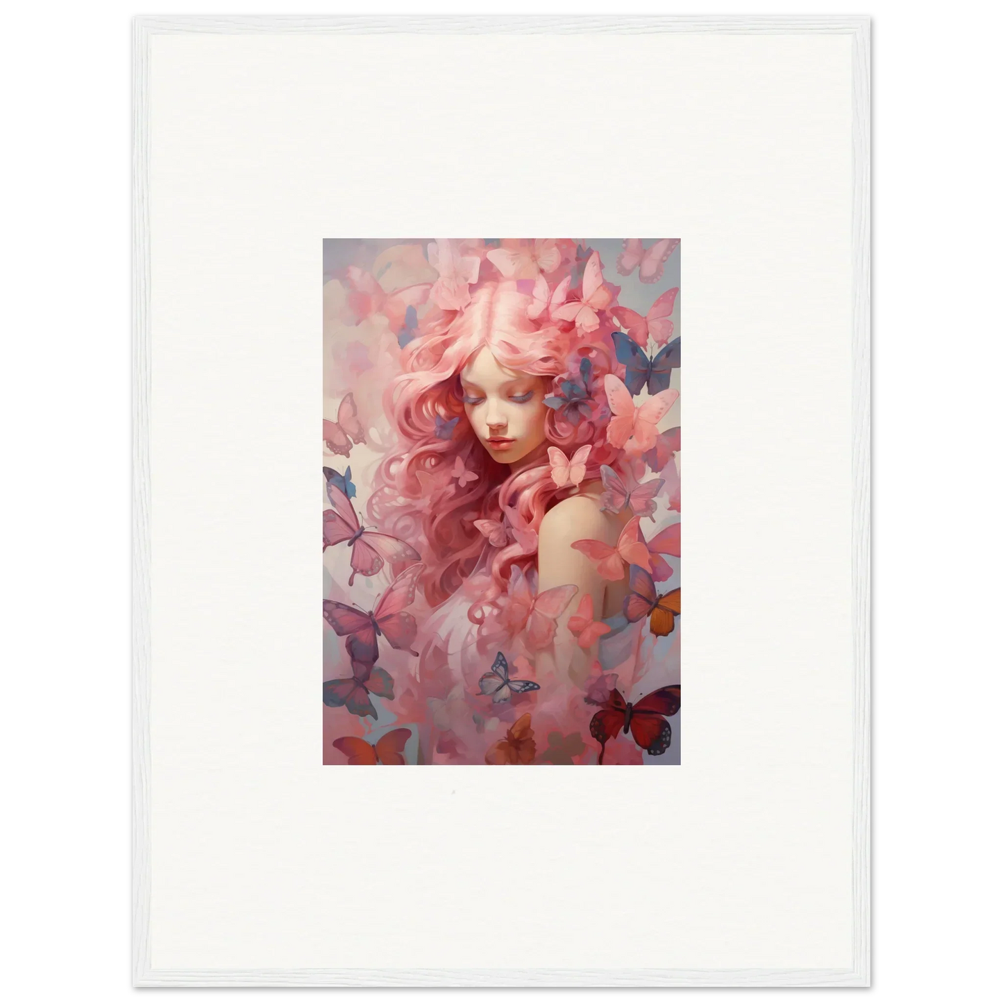 Framed wall art of a feminine figure with pink hair and butterflies, Winds Arise room decor