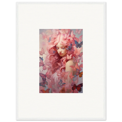 Framed wall art of a feminine figure with pink hair and butterflies, Winds Arise room decor