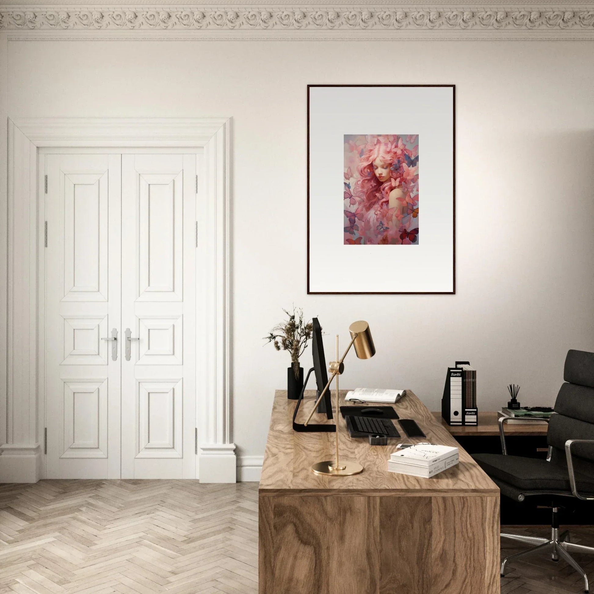 Elegant home office with wooden desk, framed wall art, and Petal Winds Arise decor